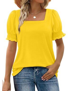 Women's 1 Yellow Square Neck Top Summer Casual Outfit Ruffle Trim Sleeve T Shirt